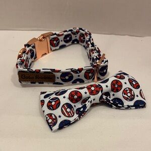 Doughnut red, white & blue Bow Tie and Collar Set  for dogs or cats